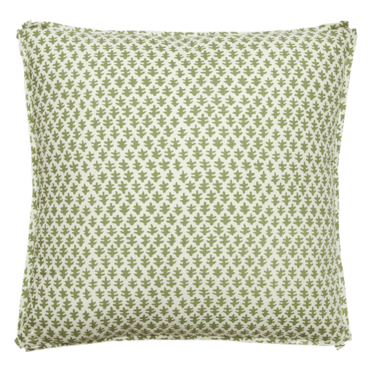 Sister Parish Burmese Green Linen pillow, 18” x 18”, double-sided, with a self-flange and butterfly corners.