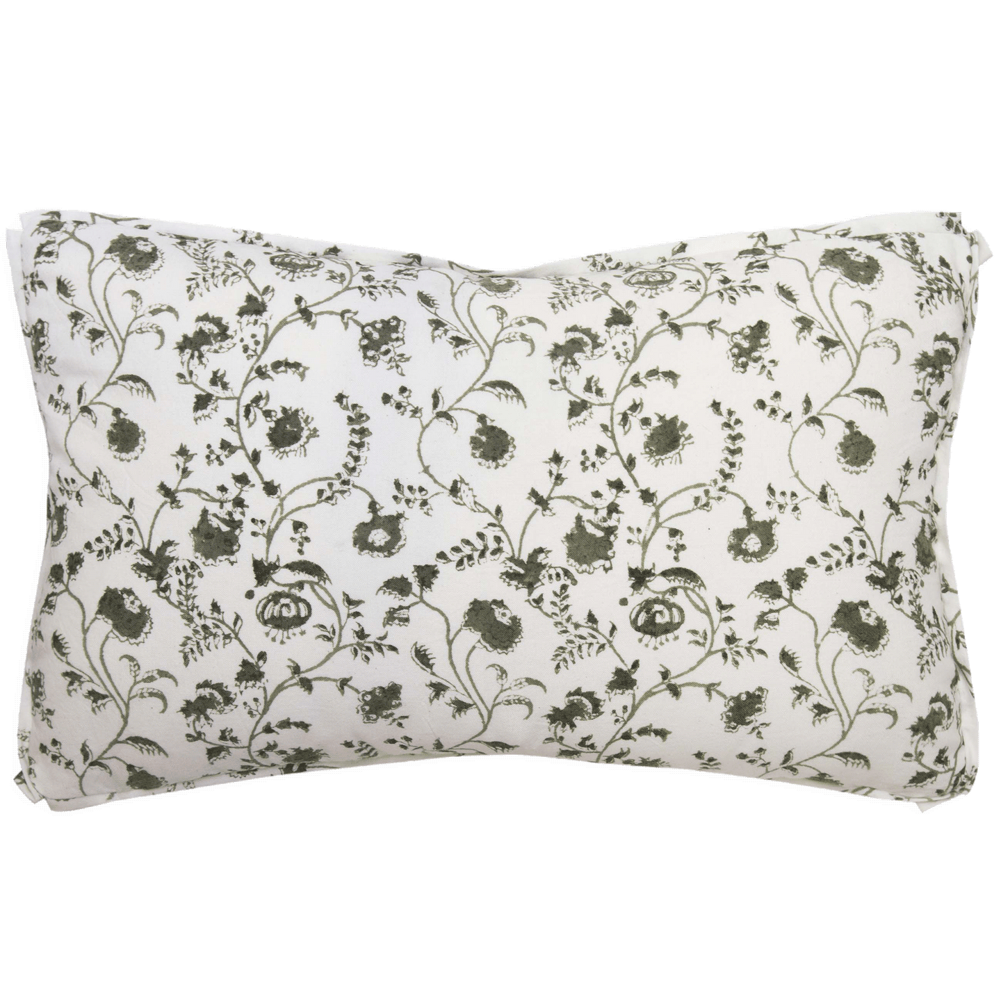 Hand-block printed cotton pillow with olive floral pattern, 10” x 16”, butterfly corners, and self-flange trim.