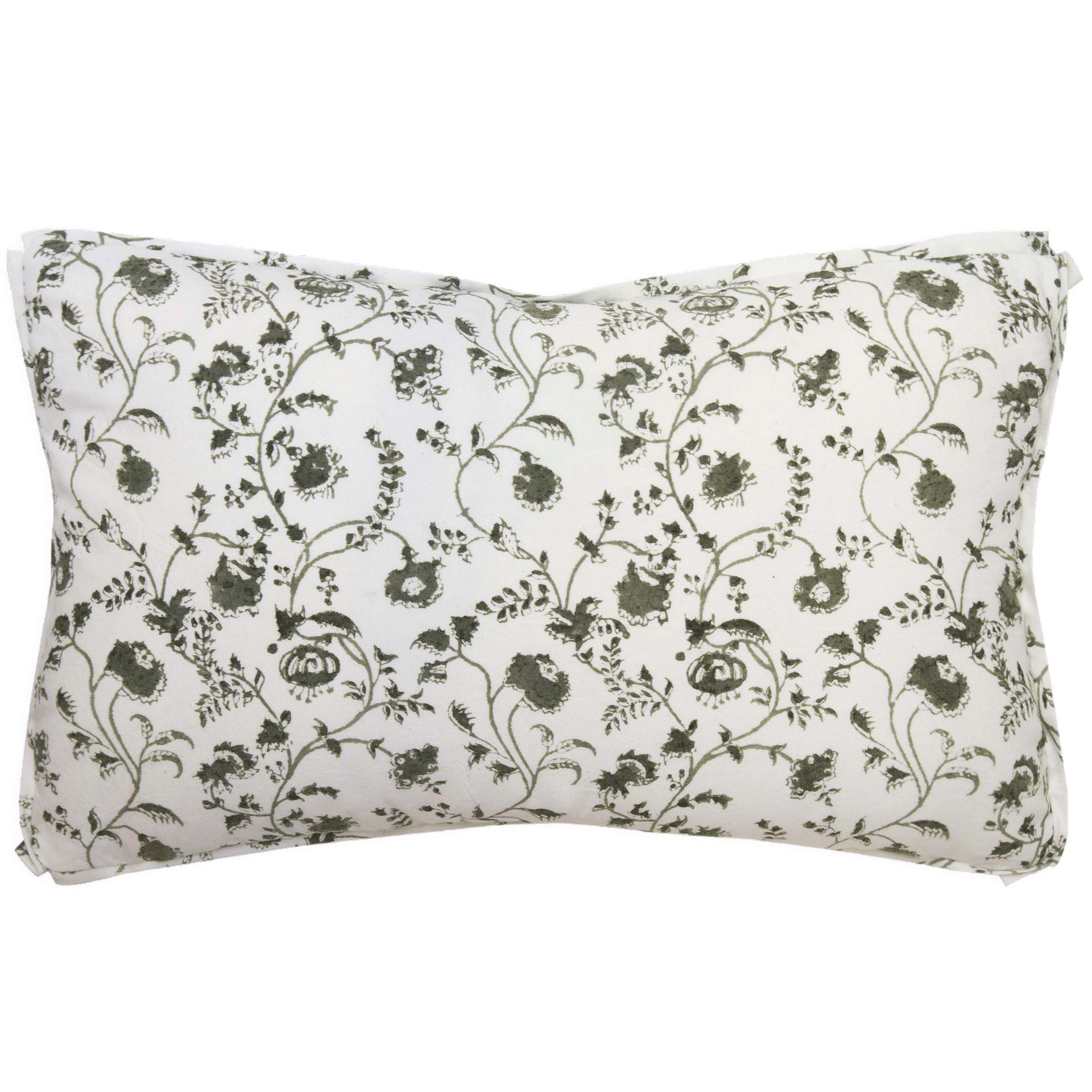 Hand-block printed cotton pillow with olive floral pattern, 10” x 16”, butterfly corners, and self-flange trim.