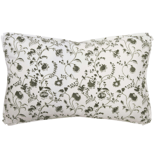 Hand-block printed cotton pillow with olive floral pattern, 10” x 16”, butterfly corners, and self-flange trim.