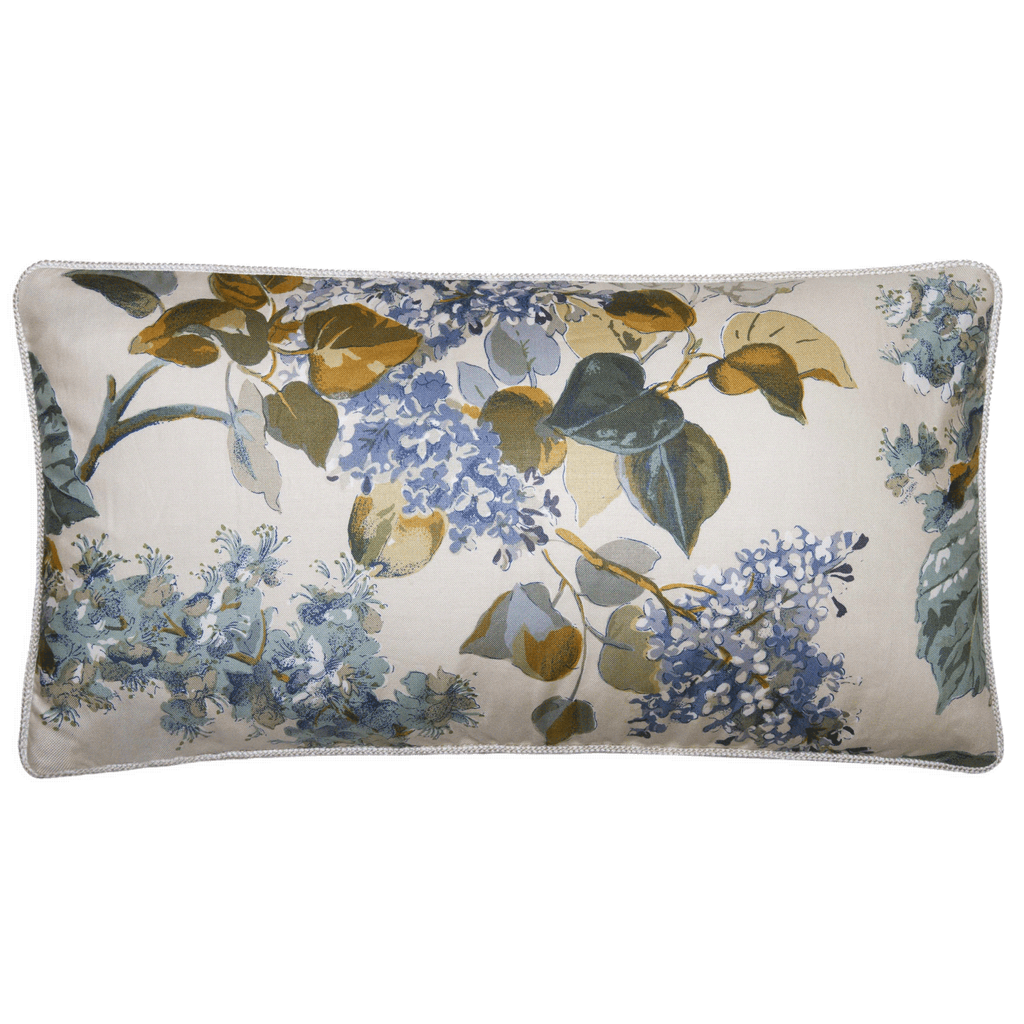 Pillow with earthy tones featuring chestnuts and lilac on glazed chintz, backed with cognac silk velvet, size 9x17.