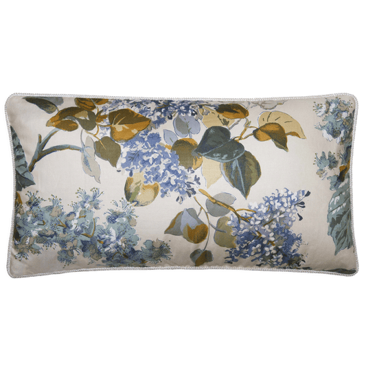 Pillow with earthy tones featuring chestnuts and lilac on glazed chintz, backed with cognac silk velvet, size 9x17.