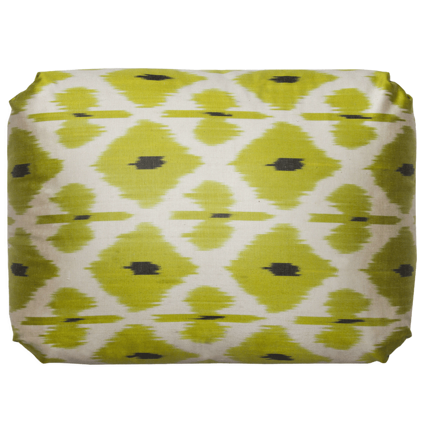 Handwoven lime silk ikat pillow, 14x18 inches, with v-pleat Turkish corners, made in Uzbekistan with blind seams.