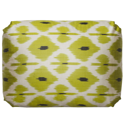 Handwoven lime silk ikat pillow, 14x18 inches, with v-pleat Turkish corners, made in Uzbekistan with blind seams.