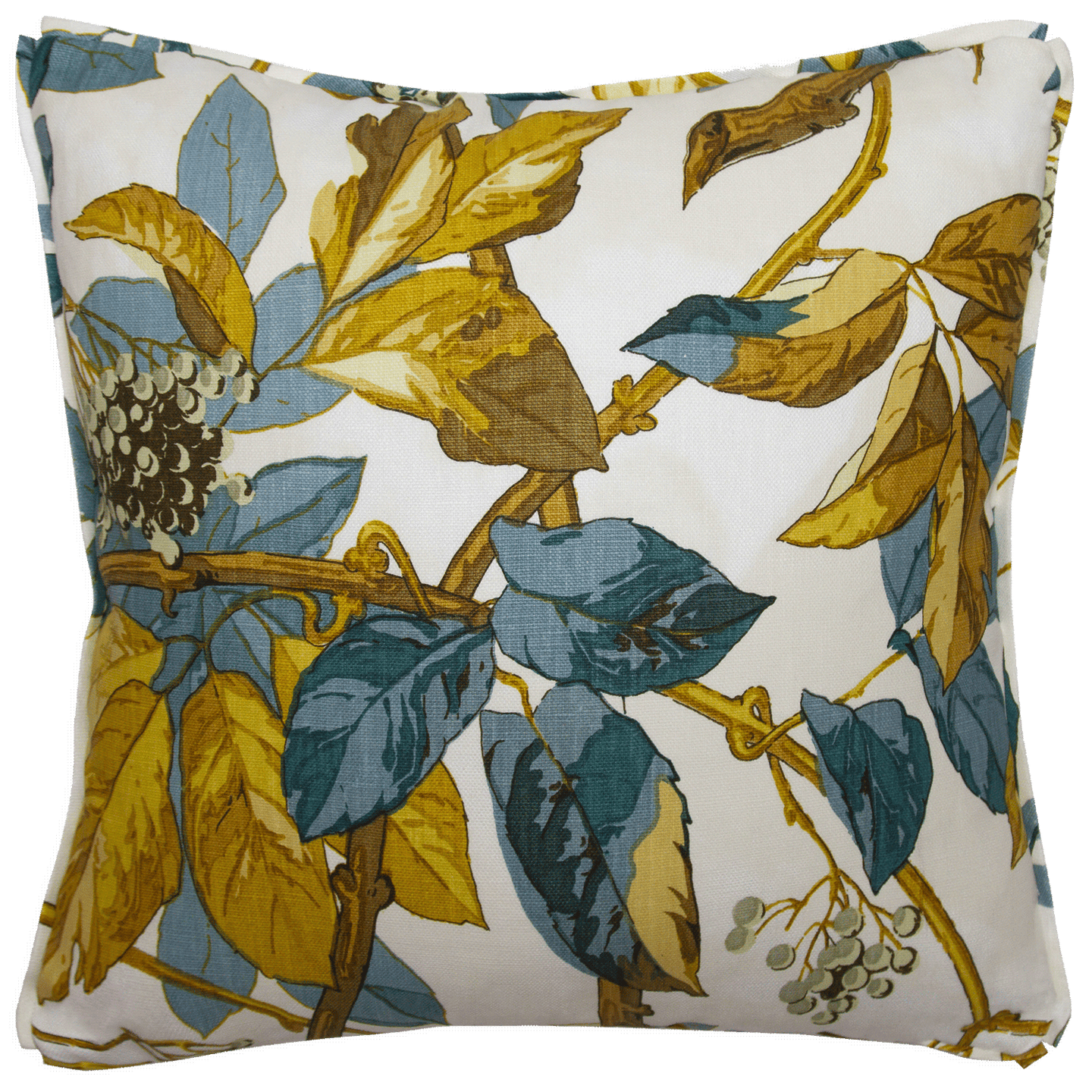 20x20 Jasper Scarlet Vine pillow in cyan, saffron, and espresso on linen, double-sided with self-flange and butterfly corners.