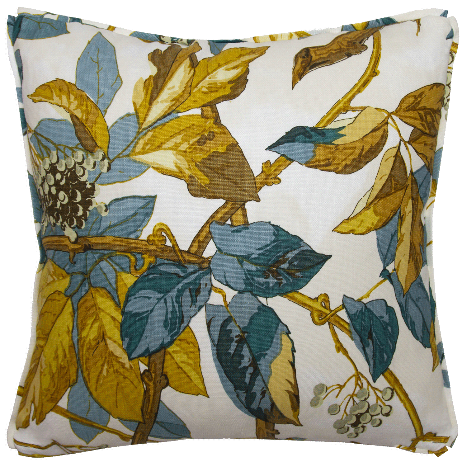 20x20 Jasper Scarlet Vine pillow in cyan, saffron, and espresso on linen, double-sided with self-flange and butterfly corners.