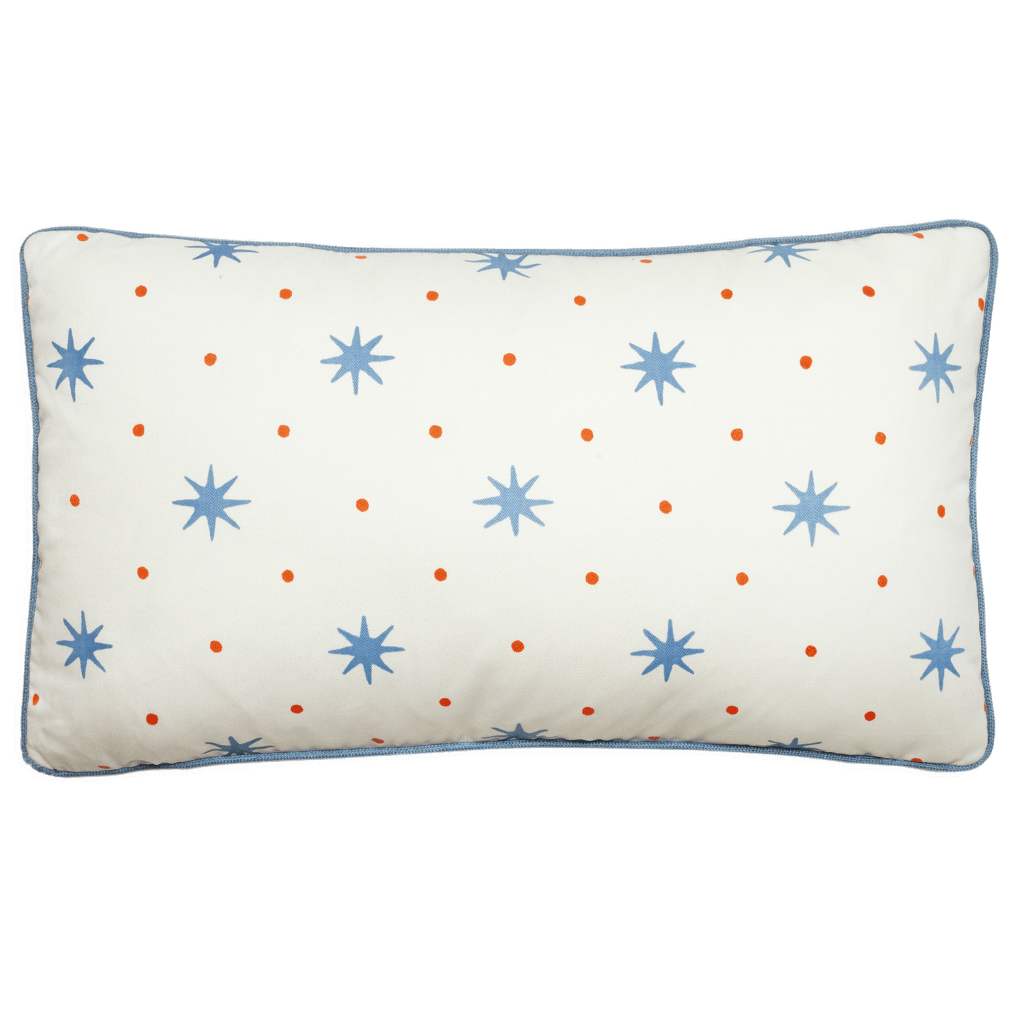 Serendipity pillow with star and dot pattern in sky blue and orange, contrast blue trim, 14” x 24” cotton fabric.