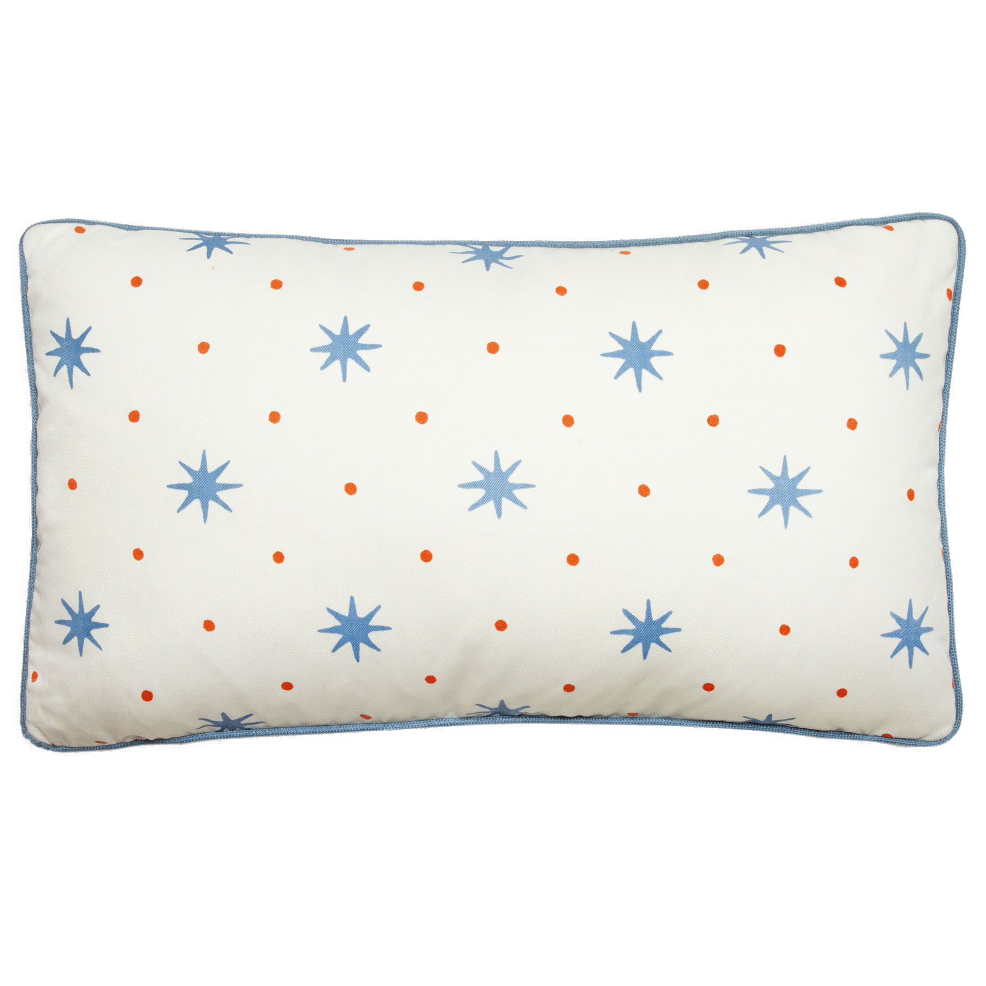 Serendipity pillow with star and dot pattern in sky blue and orange, contrast blue trim, 14” x 24” cotton fabric.