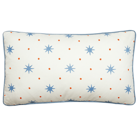 Serendipity pillow with star and dot pattern in sky blue and orange, contrast blue trim, 14” x 24” cotton fabric.