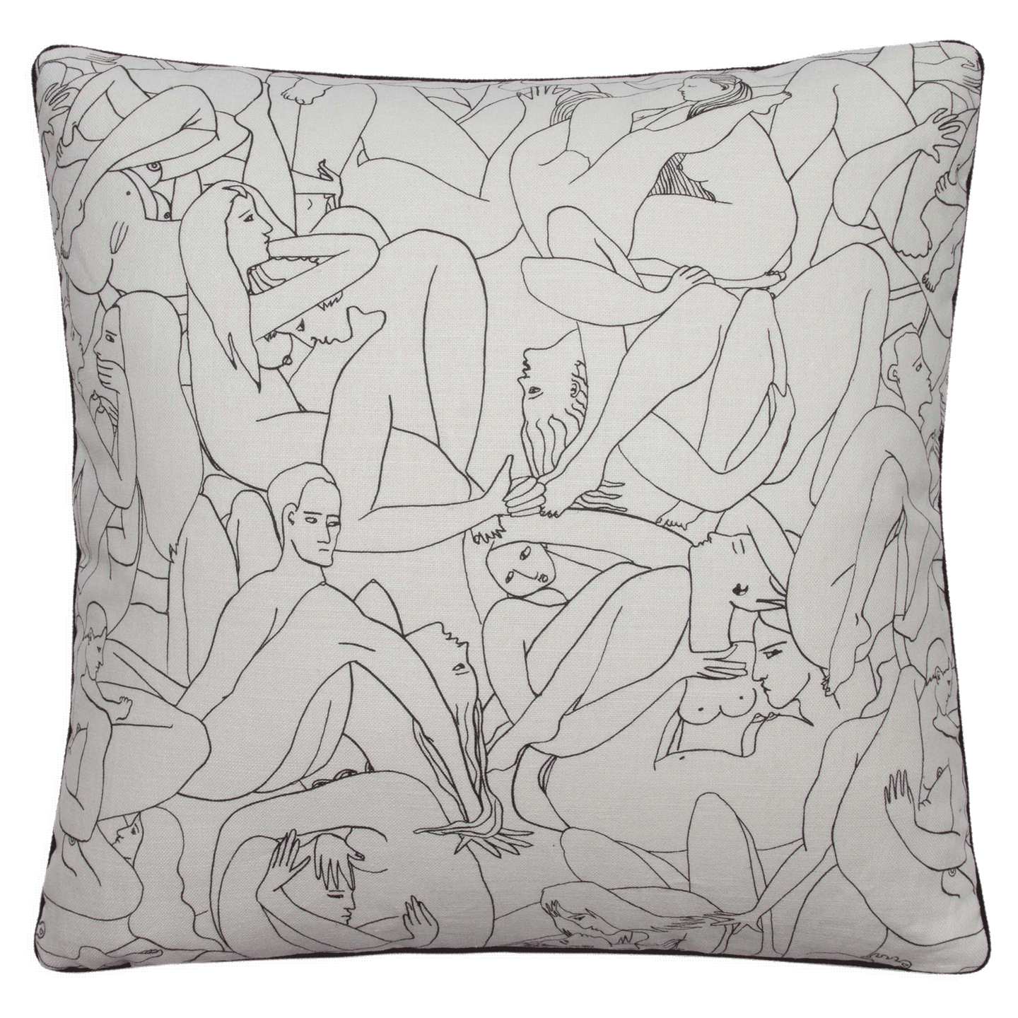 Pierre Frey ‘Le Couple’ pillow with entwined bodies print on linen, black cord trim, and 80% down insert, 20% feather.