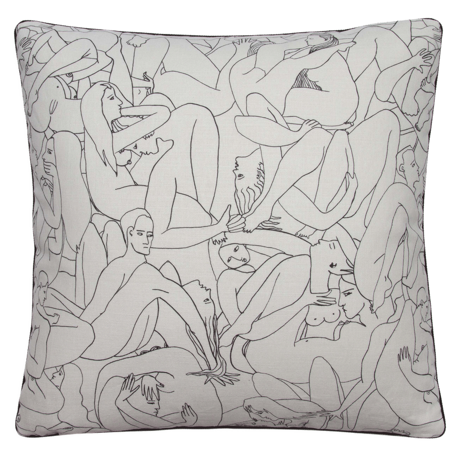 Pierre Frey ‘Le Couple’ pillow with entwined bodies print on linen, black cord trim, and 80% down insert, 20% feather.