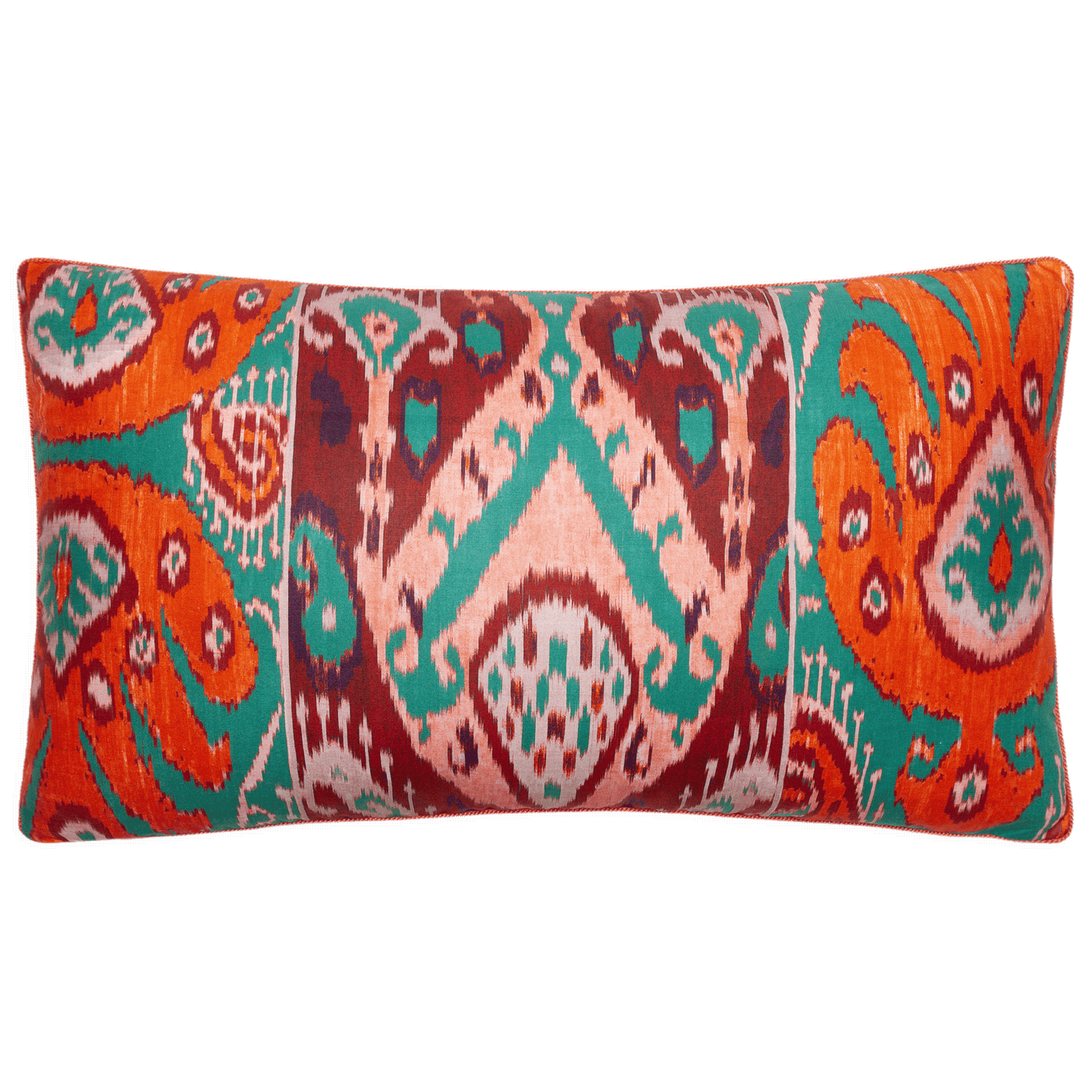 Pierre Frey pillow in bold ikat design featuring tangerine, coral, and teal, available in 10” x 16” or 14” x 24”.