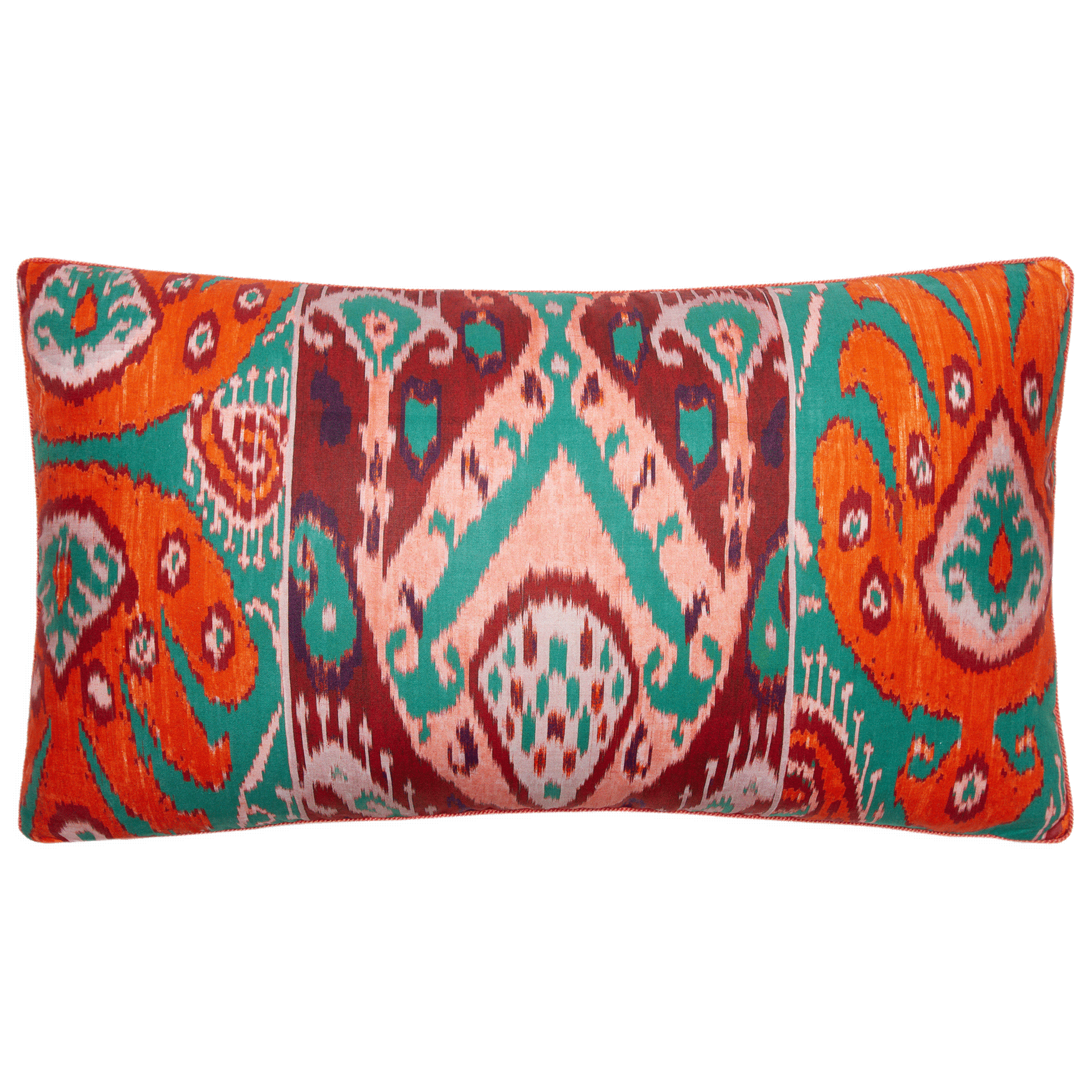 Pierre Frey pillow in bold ikat design featuring tangerine, coral, and teal, available in 10” x 16” or 14” x 24”.