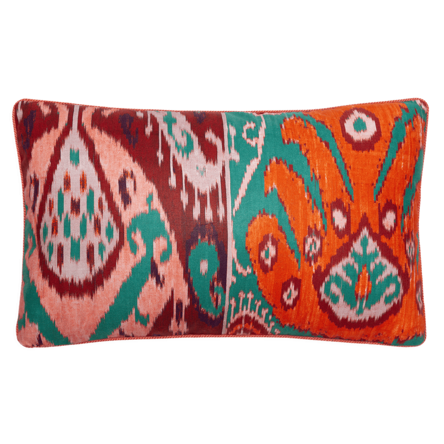 Pierre Frey pillow in bold ikat design featuring tangerine, coral, and teal, available in 10” x 16” or 14” x 24”.