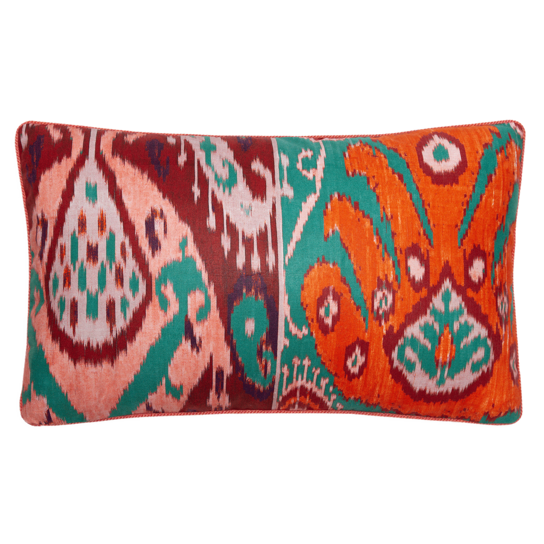 Pierre Frey pillow in bold ikat design featuring tangerine, coral, and teal, available in 10” x 16” or 14” x 24”.