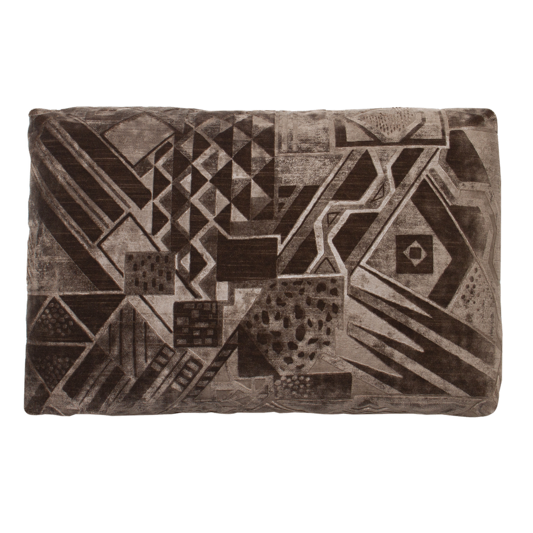 Chocolate velvet pillow with embossed Art Deco geometric pattern. Rich brown tones, blind seams, Turkish corner details.