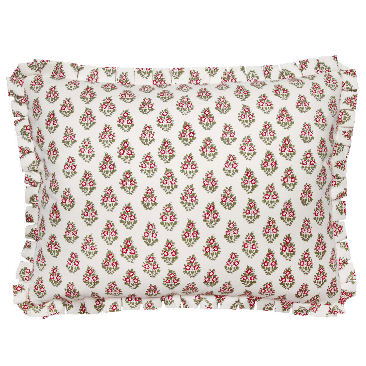 Black Indian-inspired floral print pillow on cotton, 18” x 24”, with a tailored 1” pleat and an invisible zipper.