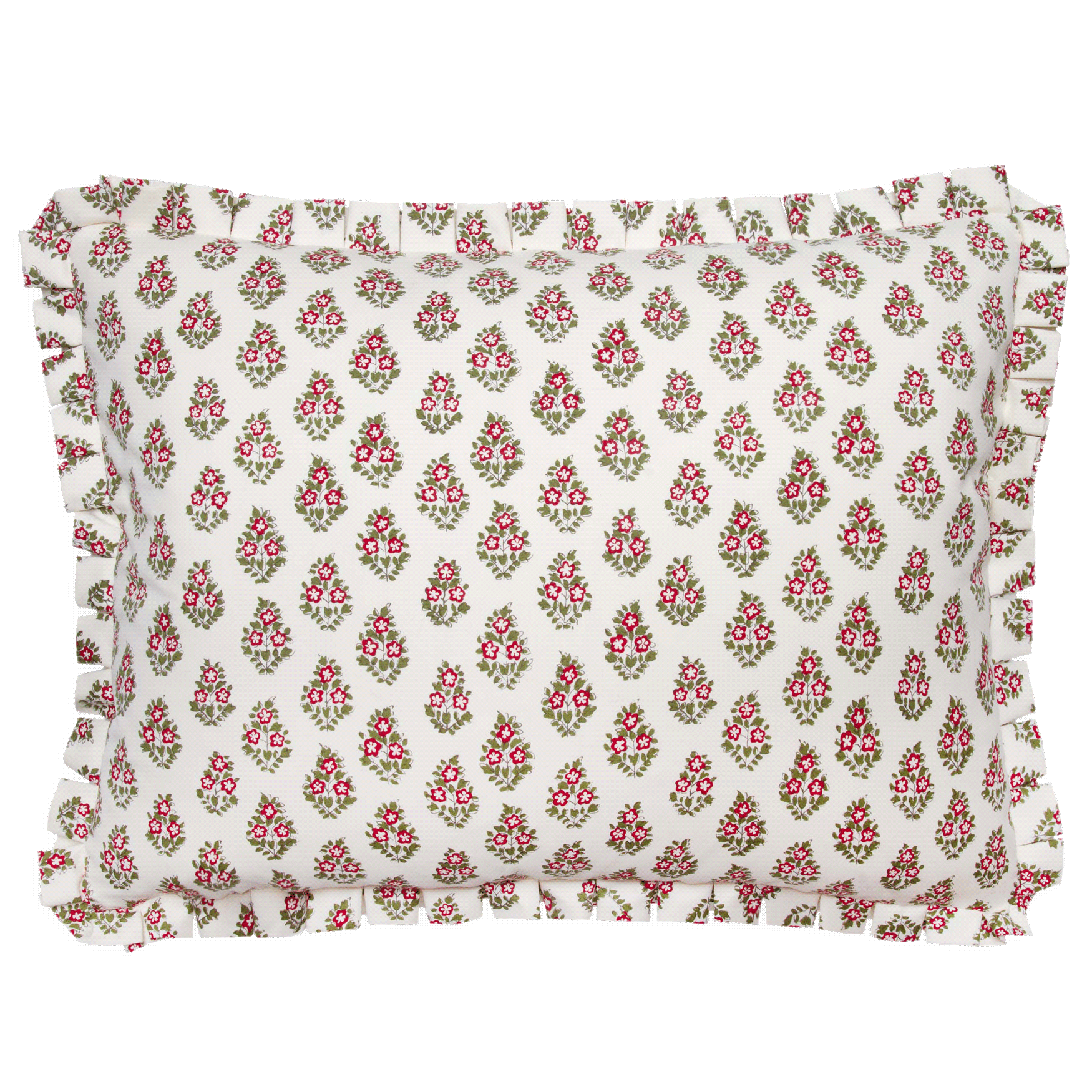 Black Indian-inspired floral print pillow on cotton, 18” x 24”, with a tailored 1” pleat and an invisible zipper.