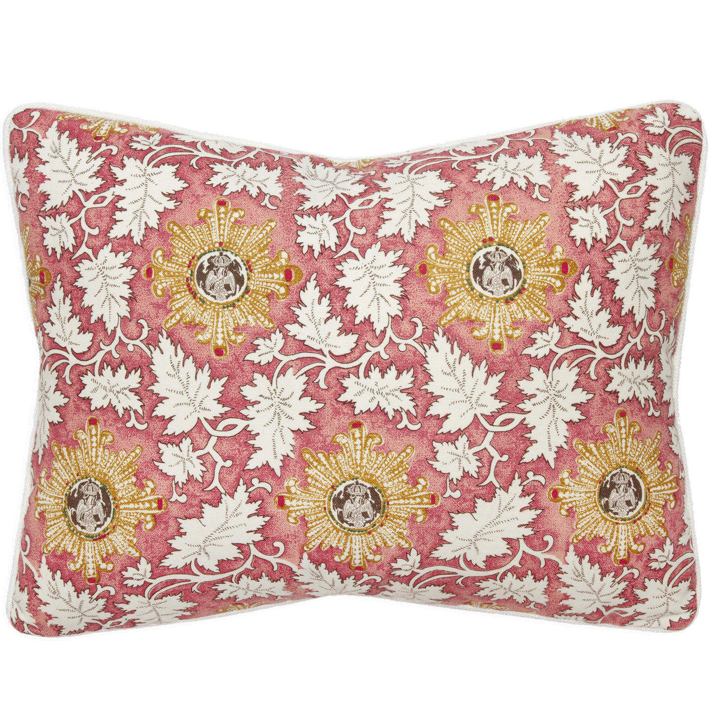 Raoul Textiles ‘Marco’ pillow in Rouge linen, 14” x 18”, starburst and leaves design, Belgian linen back in pink.