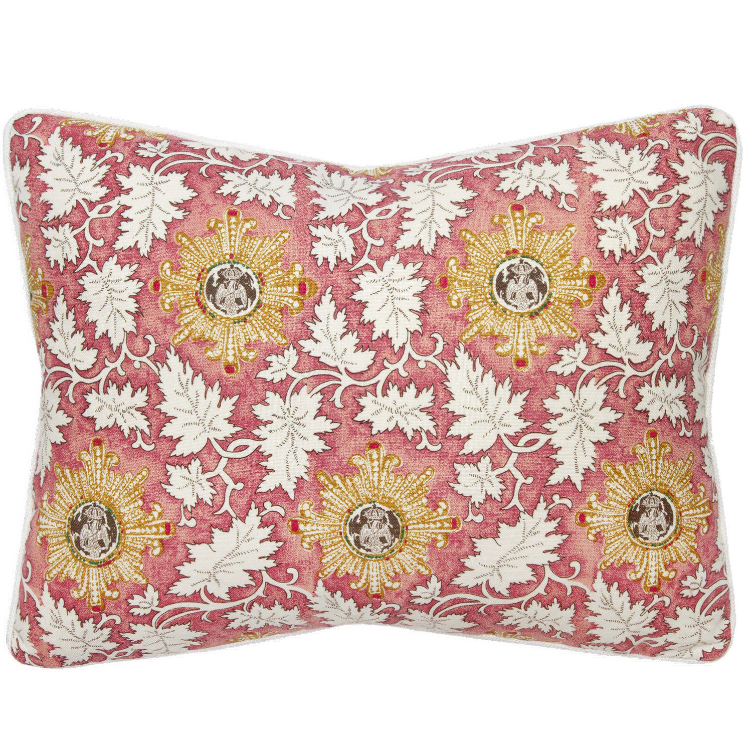 Raoul Textiles ‘Marco’ pillow in Rouge linen, 14” x 18”, starburst and leaves design, Belgian linen back in pink.