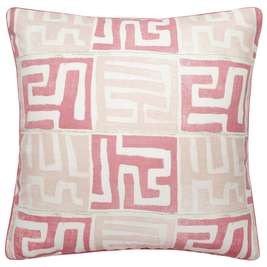 Penny Morrison ‘Kenil’ pillow in pink, 22” x 22”, African Kuba Cloth-inspired, rose linen welt, 80% down insert.