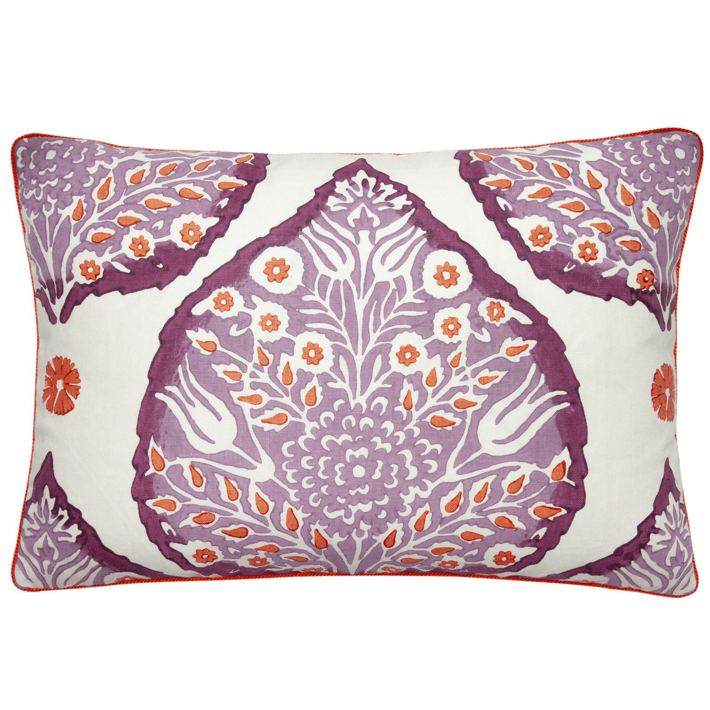 Galbraith and Paul pillow, 14” x 20”, with plum and paprika lotus print on creme linen, purple linen back, and paprika cord.