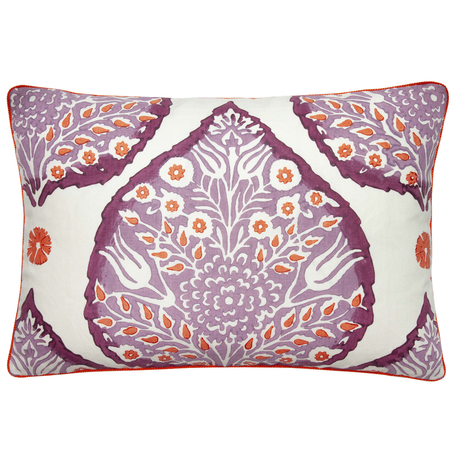 Galbraith and Paul pillow, 14” x 20”, with plum and paprika lotus print on creme linen, purple linen back, and paprika cord.