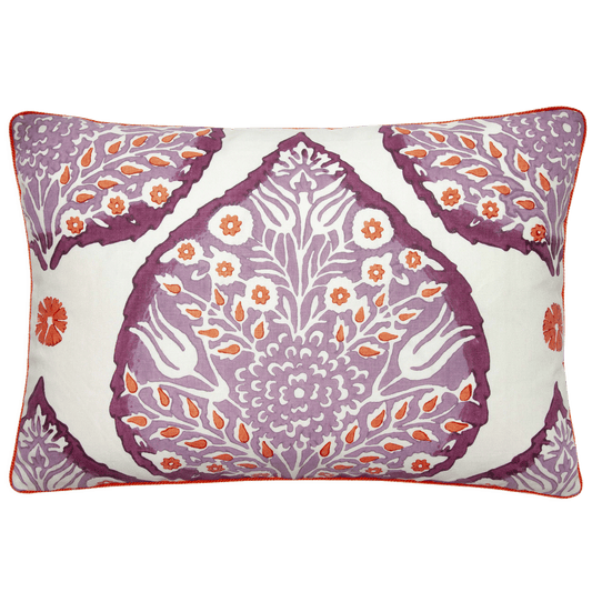 Galbraith and Paul pillow, 14” x 20”, with plum and paprika lotus print on creme linen, purple linen back, and paprika cord.