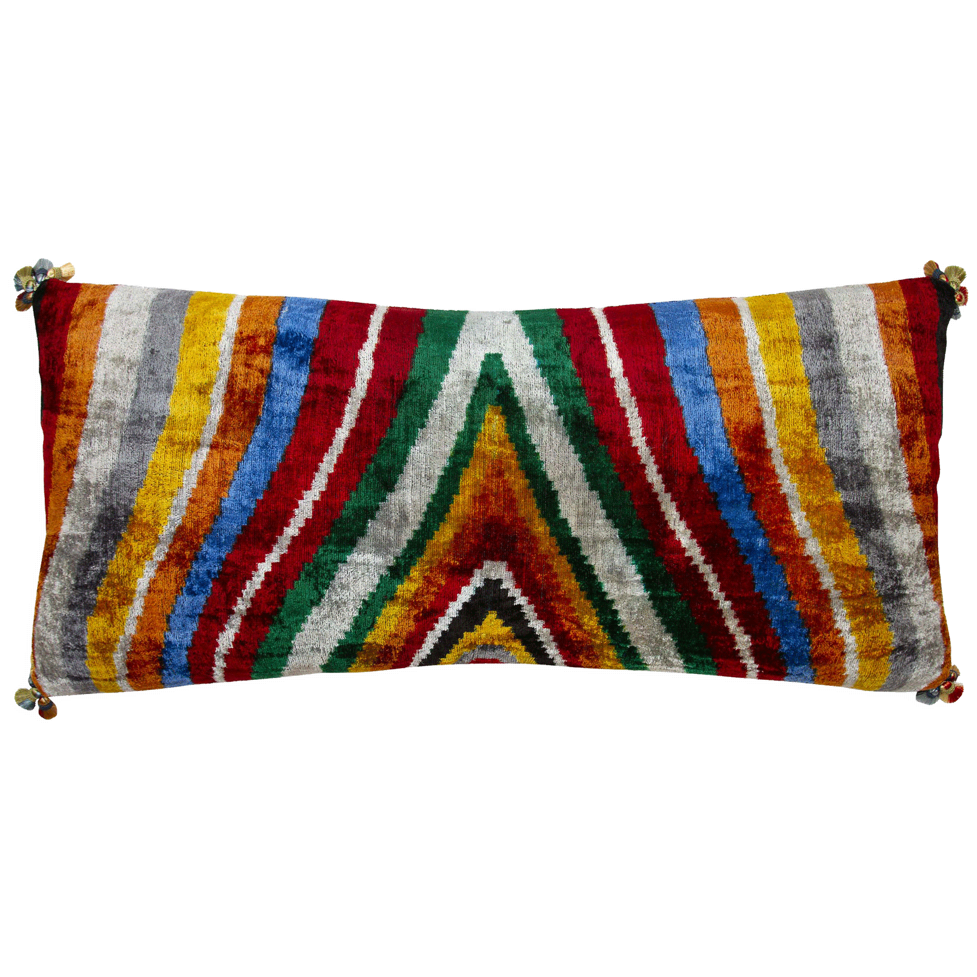 15x34 silk velvet ikat lumbar pillow with multicolored tassels, handwoven in Uzbekistan, perfect for a sofa or bed.