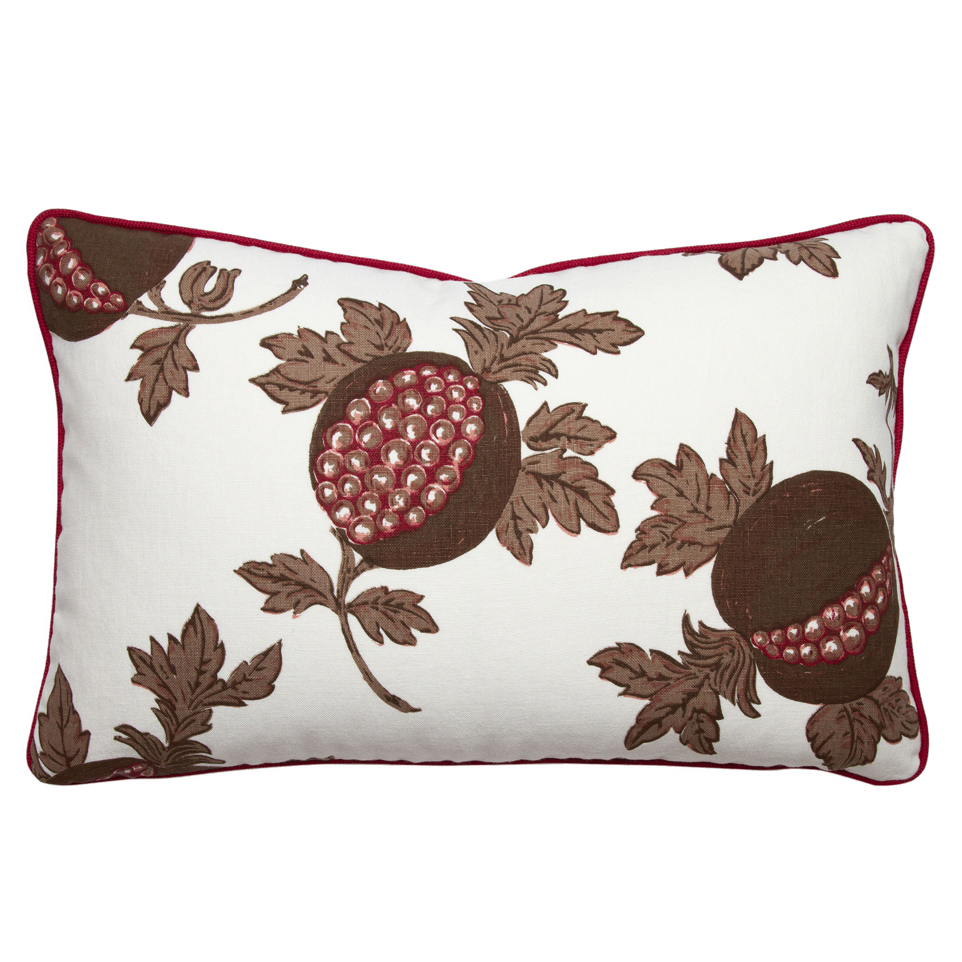 Pomegranate print pillow in espresso, tan, and cranberry colors, with woven cranberry linen cord in seams; leaf swirl design.