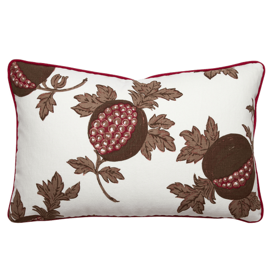 Pomegranate print pillow in espresso, tan, and cranberry colors, with woven cranberry linen cord in seams; leaf swirl design.