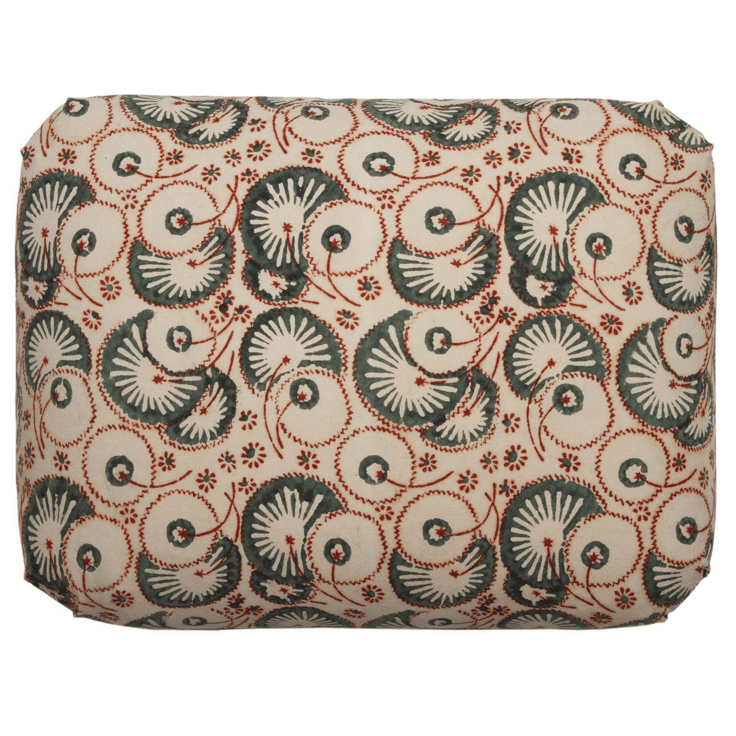 Olive and red Kalamkari block print pillow, 16x20, beige cotton with blind seams and v-pleat Turkish corners.