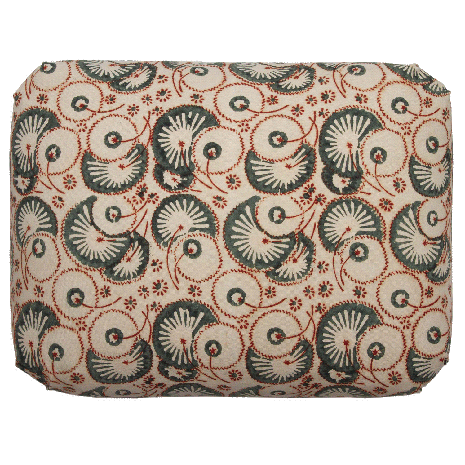 Olive and red Kalamkari block print pillow, 16x20, beige cotton with blind seams and v-pleat Turkish corners.