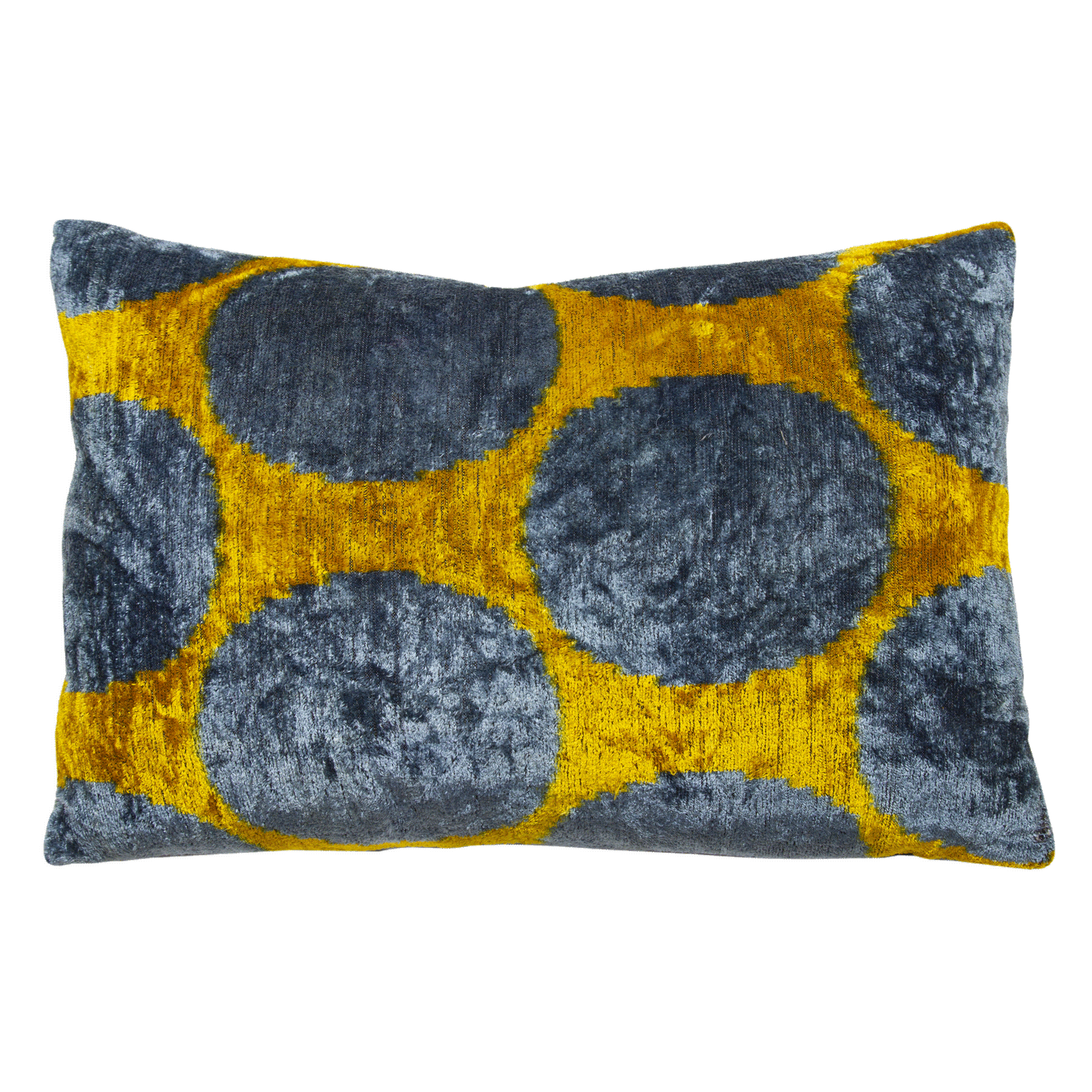 Vibrant saffron and cornflower polka dot ikat pillow in hand-woven silk velvet, double-sided with blind seams.