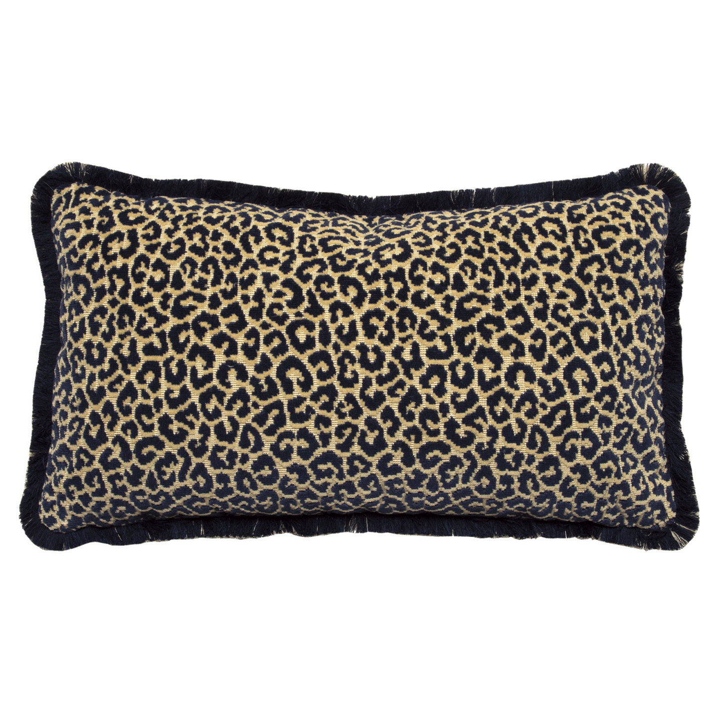 Midnight blue and sand Scalamandre cut velvet animal print pillow, double-sided with midnight and light sand brush fringe.