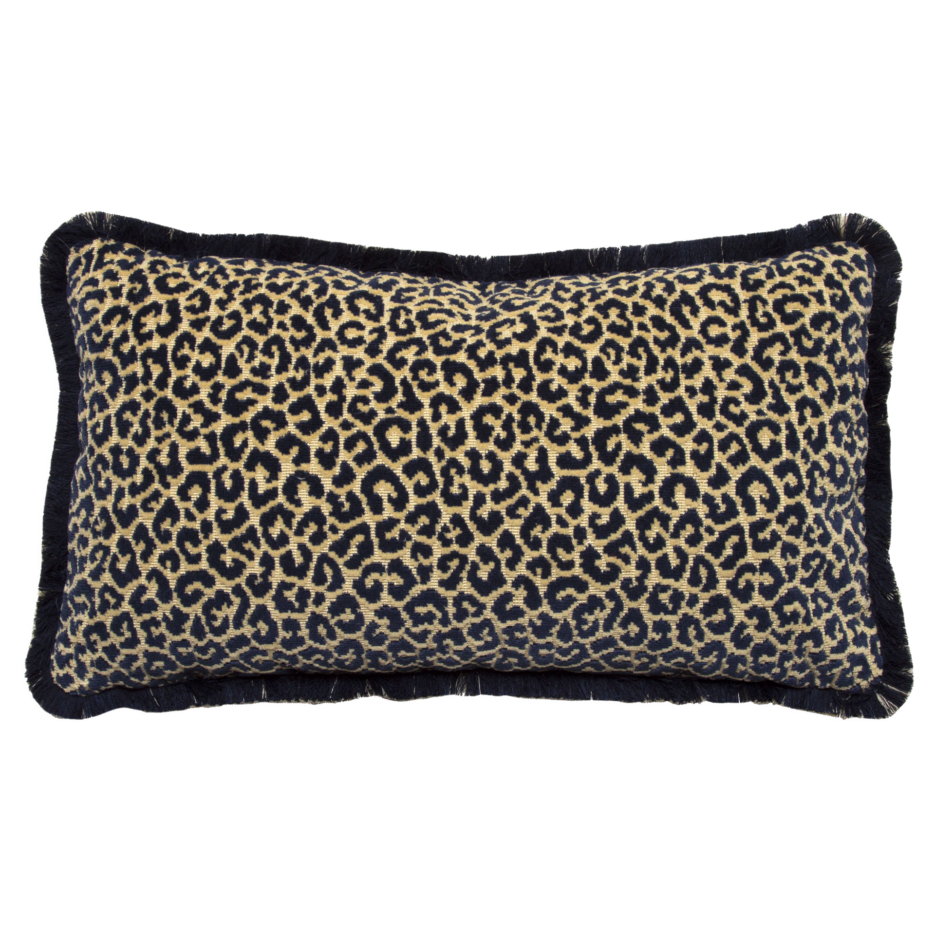 Midnight blue and sand Scalamandre cut velvet animal print pillow, double-sided with midnight and light sand brush fringe.