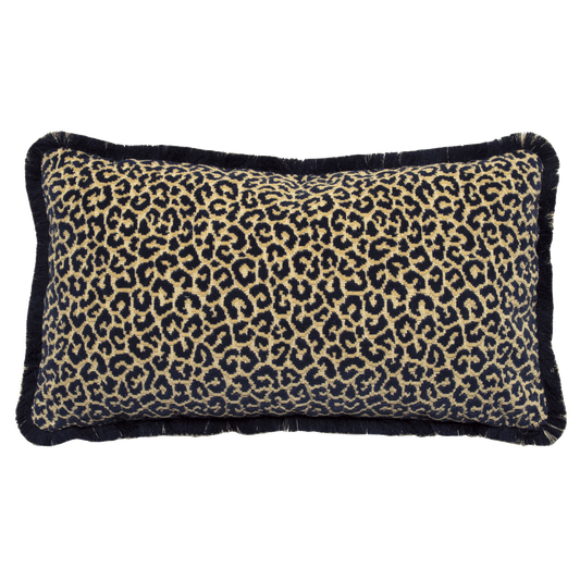 Midnight blue and sand Scalamandre cut velvet animal print pillow, double-sided with midnight and light sand brush fringe.