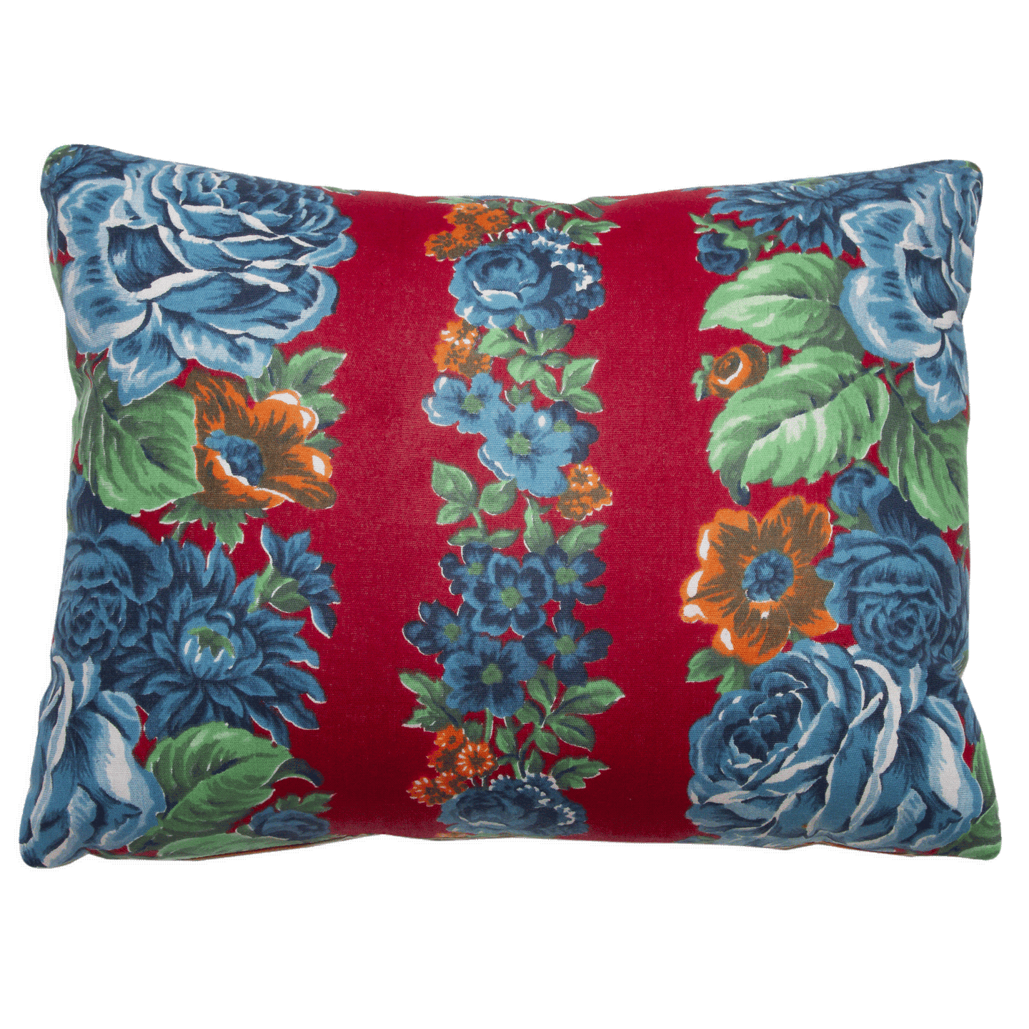 Reversible Miel Blue Rose and Red ikat pillow, handwoven fabric from Uzbekistan, with vintage Russian printed fabric back.