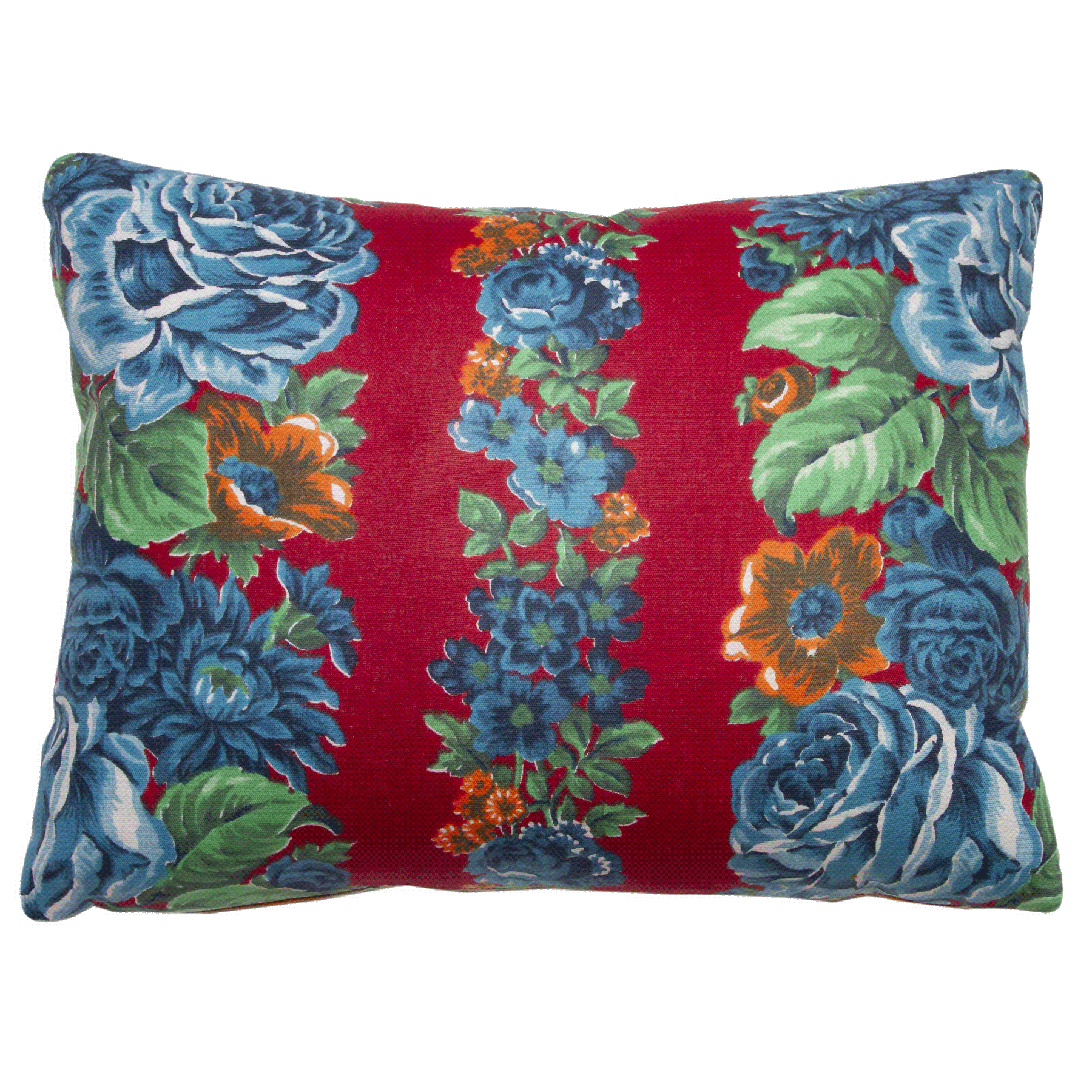 Reversible Miel Blue Rose and Red ikat pillow, handwoven fabric from Uzbekistan, with vintage Russian printed fabric back.