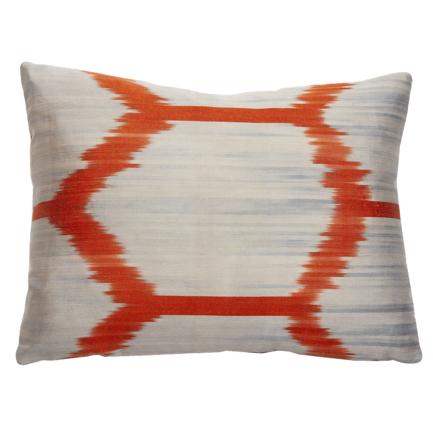 Reversible Miel Blue Rose and Red ikat pillow, handwoven fabric from Uzbekistan, with vintage Russian printed fabric back.