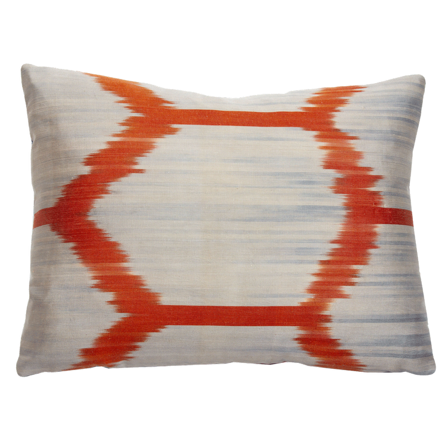 Reversible Miel Blue Rose and Red ikat pillow, handwoven fabric from Uzbekistan, with vintage Russian printed fabric back.