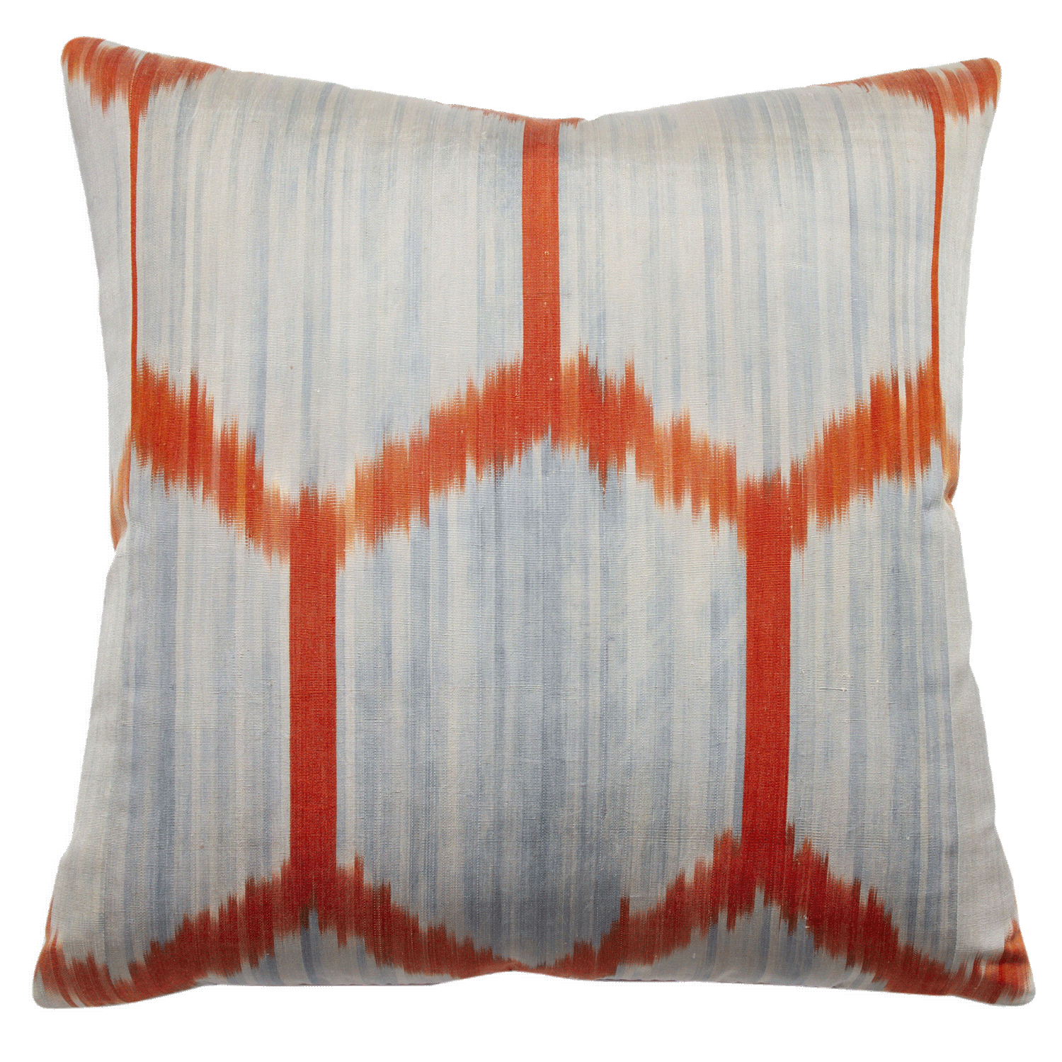 Reversible Miel Blue Rose and Red ikat pillow, handwoven fabric from Uzbekistan, with vintage Russian printed fabric back.