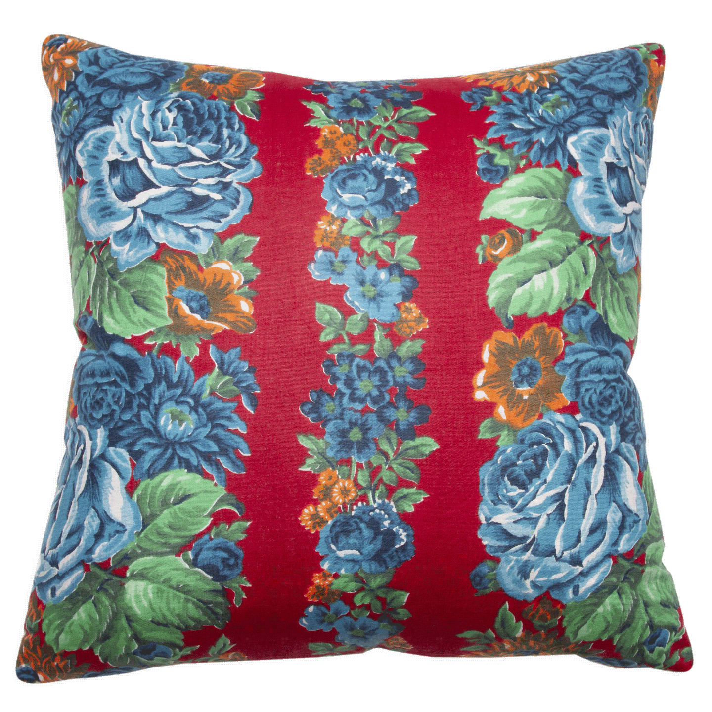 Reversible Miel Blue Rose and Red ikat pillow, handwoven fabric from Uzbekistan, with vintage Russian printed fabric back.