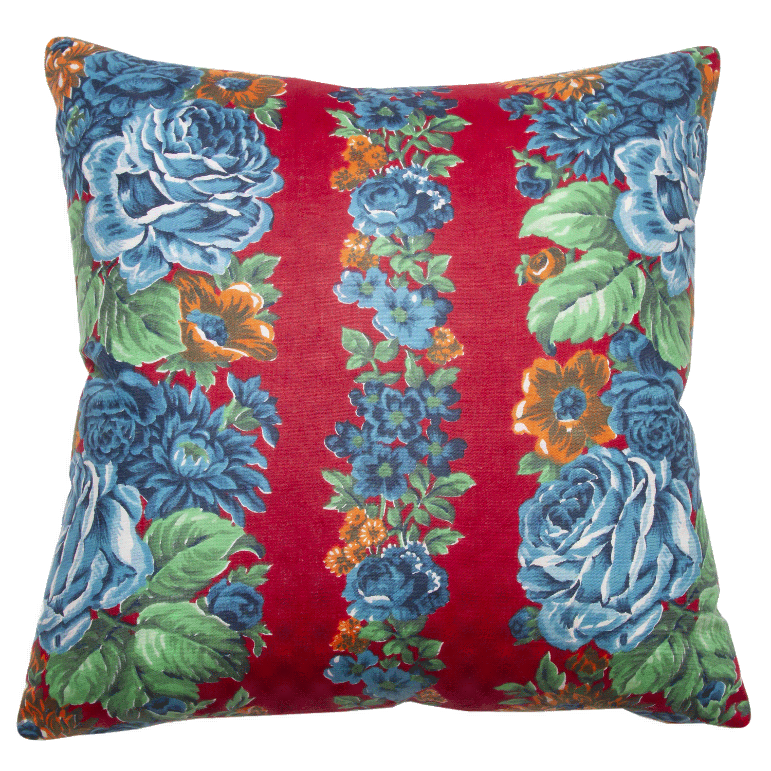 Reversible Miel Blue Rose and Red ikat pillow, handwoven fabric from Uzbekistan, with vintage Russian printed fabric back.