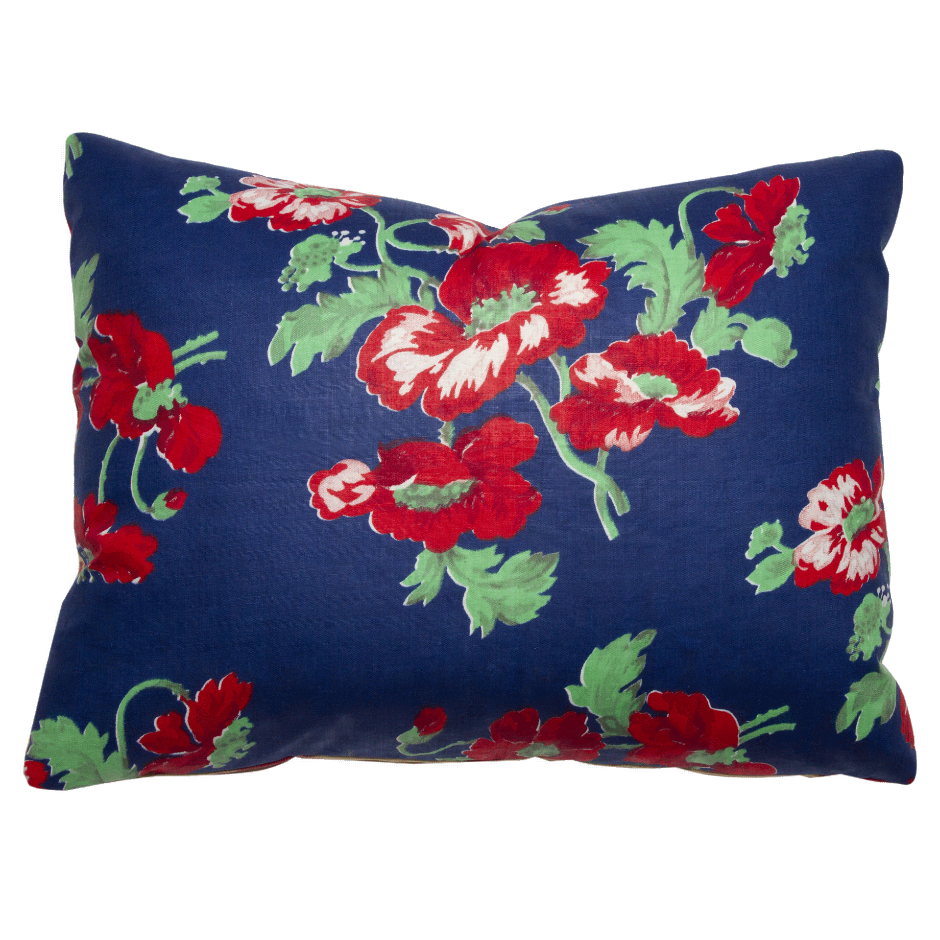 Regi Red Poppy and Cobalt pillow with handwoven ikat fabric, reversible, 20x20 inches, vintage Russian fabric back.