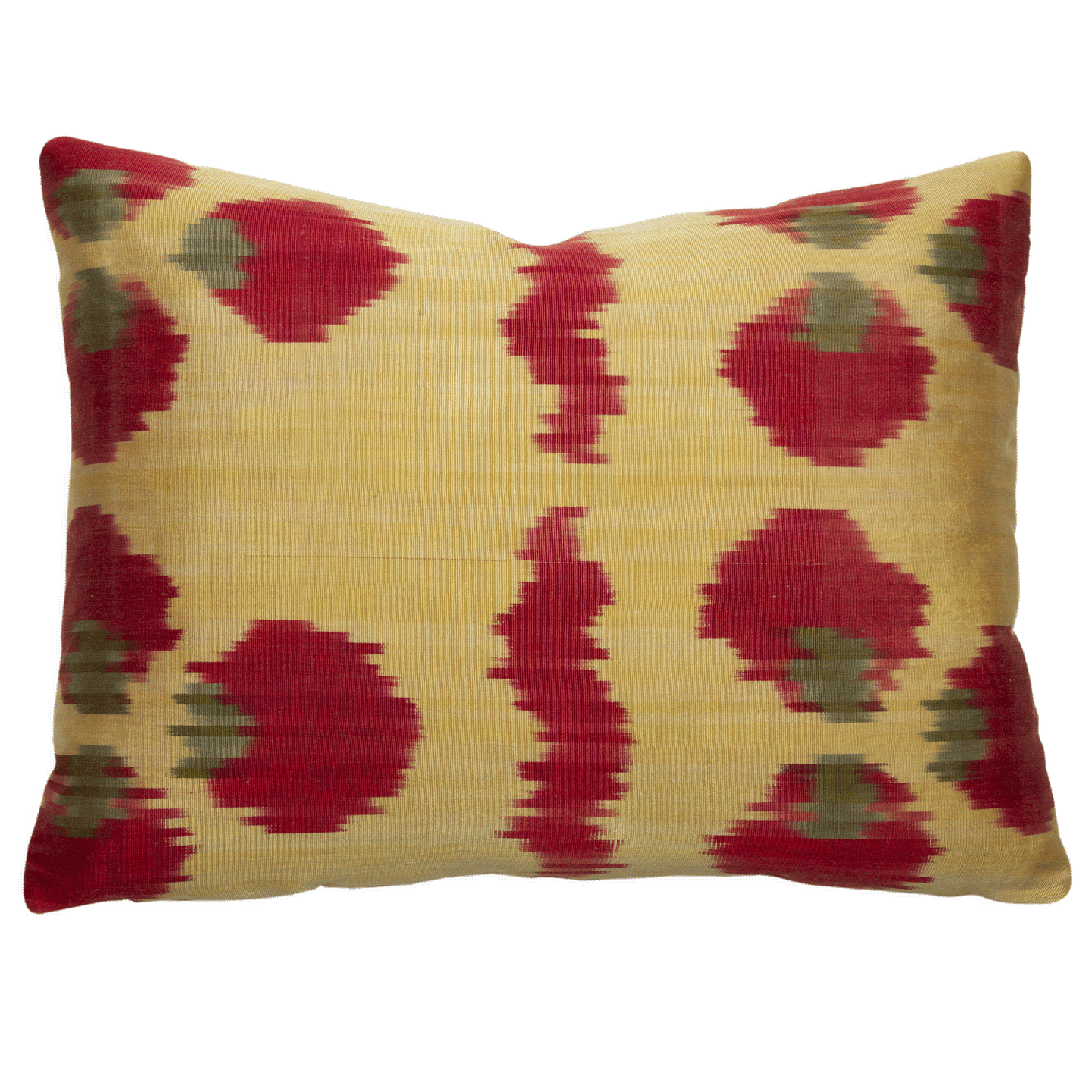 Regi Red Poppy and Cobalt pillow with handwoven ikat fabric, reversible, 20x20 inches, vintage Russian fabric back.