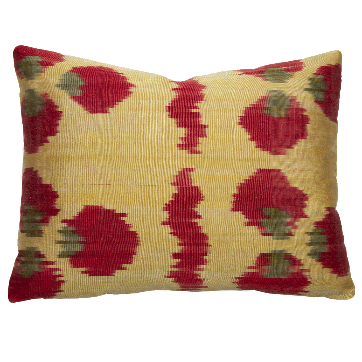 Regi Red Poppy and Cobalt pillow with handwoven ikat fabric, reversible, 20x20 inches, vintage Russian fabric back.