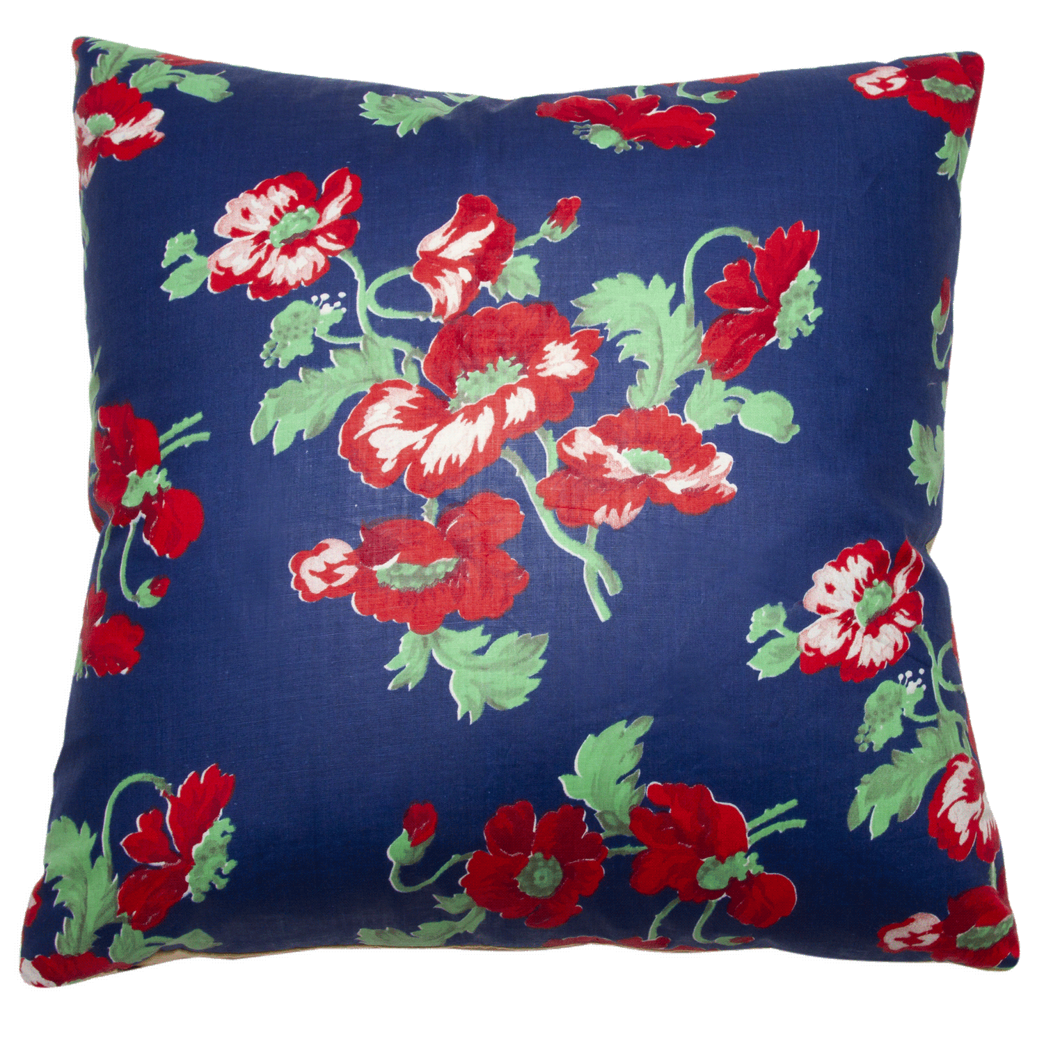 Regi Red Poppy and Cobalt pillow with handwoven ikat fabric, reversible, 20x20 inches, vintage Russian fabric back.