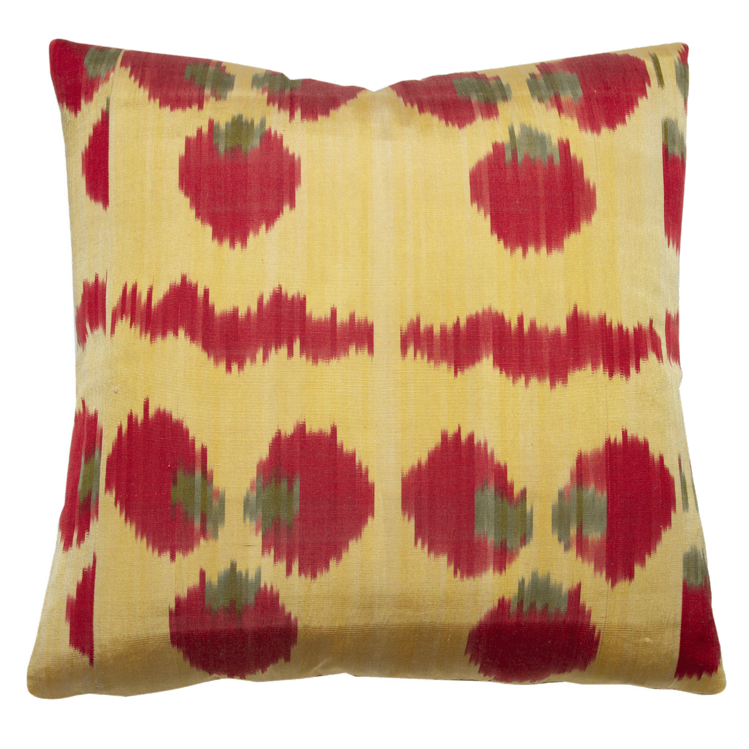 Regi Red Poppy and Cobalt pillow with handwoven ikat fabric, reversible, 20x20 inches, vintage Russian fabric back.