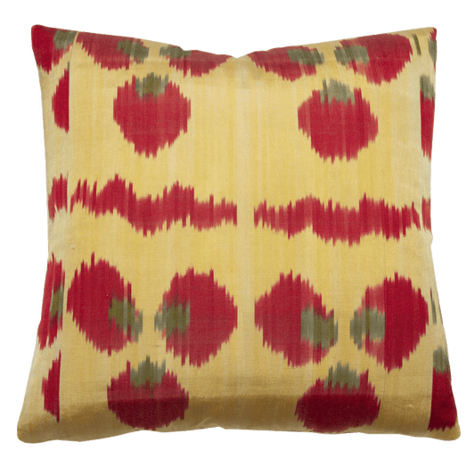 Regi Red Poppy and Cobalt pillow with handwoven ikat fabric, reversible, 20x20 inches, vintage Russian fabric back.